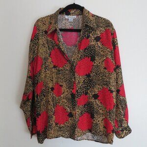 Vintage Oscar de la Renta | Size Small | 100% Silk Cheetah Floral Blouse Top